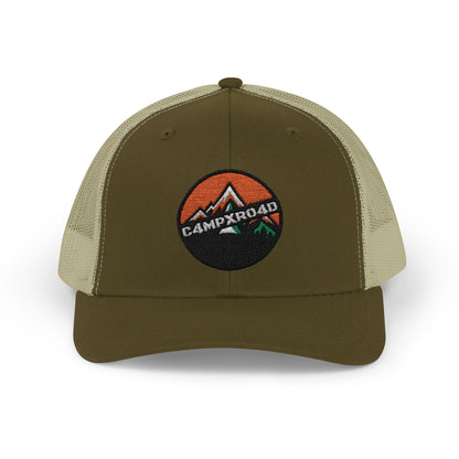 C4MPXRO4D Rounded Shield Camper Badge Cap | Trucker Snapback Mesh Hat