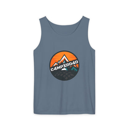 C4MPXRO4D Rounded Shield Camper Badge Tank Top | Graphic camping text tee