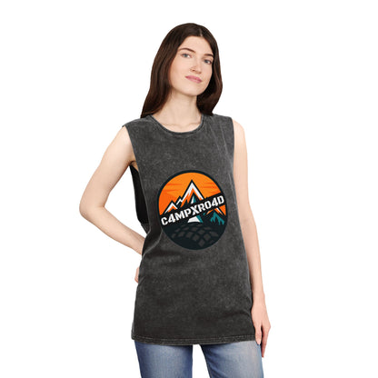 C4MPXRO4D Rounded Shield Camper Badge Tank Top | stonewash black, retro stencil logo