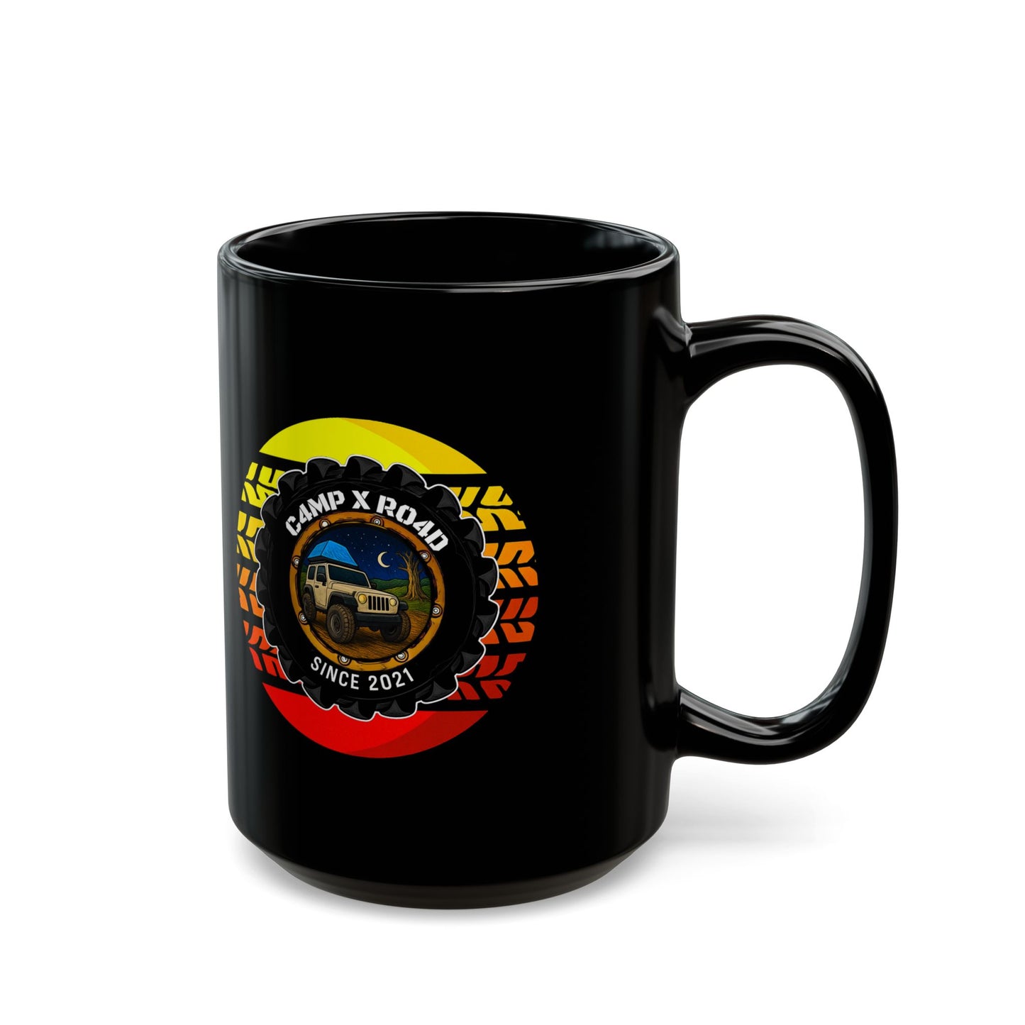 C4MPXRO4D Summer Camper Badge Mug | Black Ceramic Coffee Mug