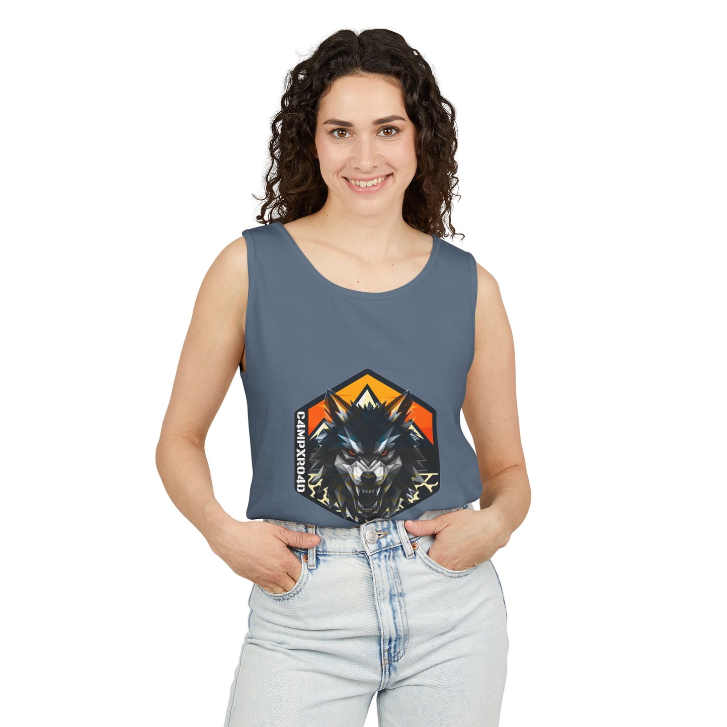C4MPXRO4D Wolf Shield Camper Badge Tank Top | Graphic camping text tee