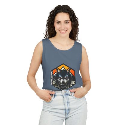 C4MPXRO4D Wolf Shield Camper Badge Tank Top | Graphic camping text tee