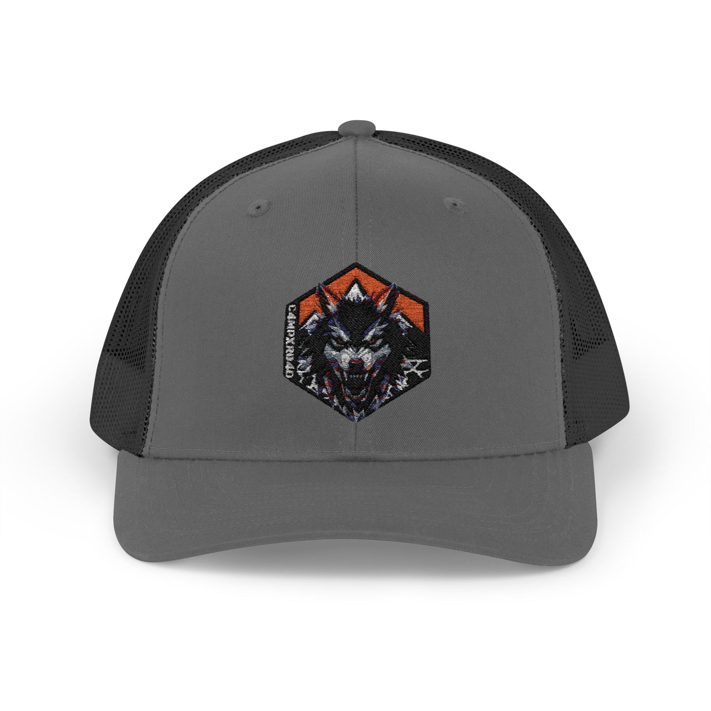 C4MPXRO4D Wolf Shield Camper Badge Cap | Trucker Snapback Mesh Hat