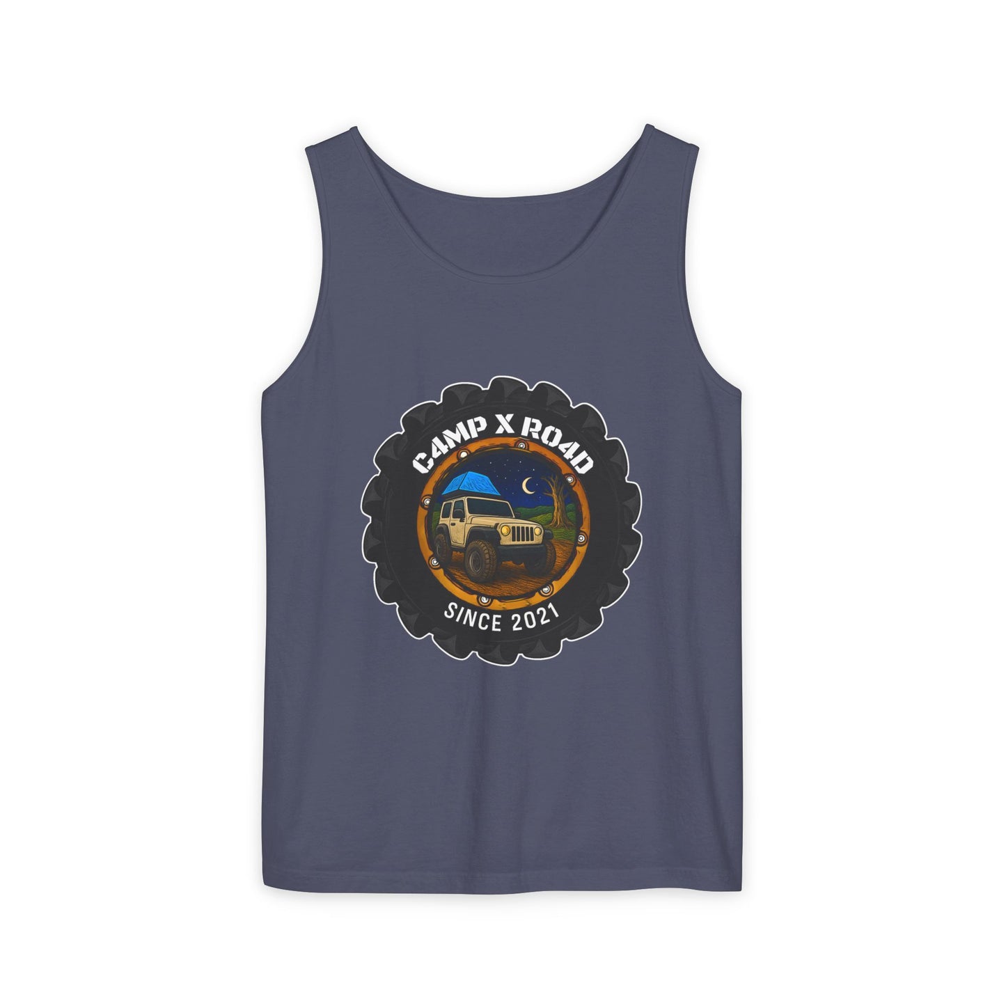 C4MPXRO4D Camper Badge Tank Top | Graphic camping text tee
