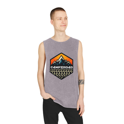 C4MPXRO4D Hexa Shield Camper Badge Tank Top | stonewash black, retro stencil logo