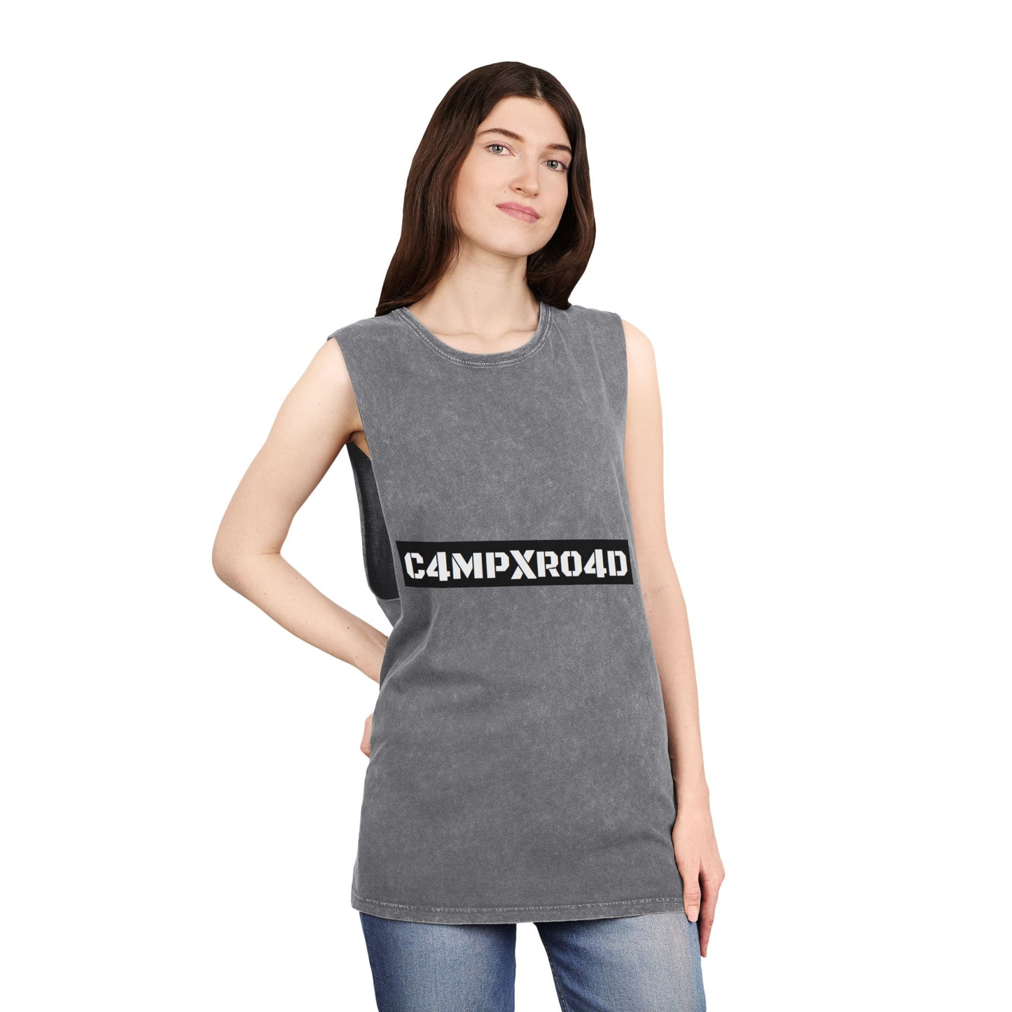 C4MPXR04D Tank Top | stonewash black, retro stencil logo