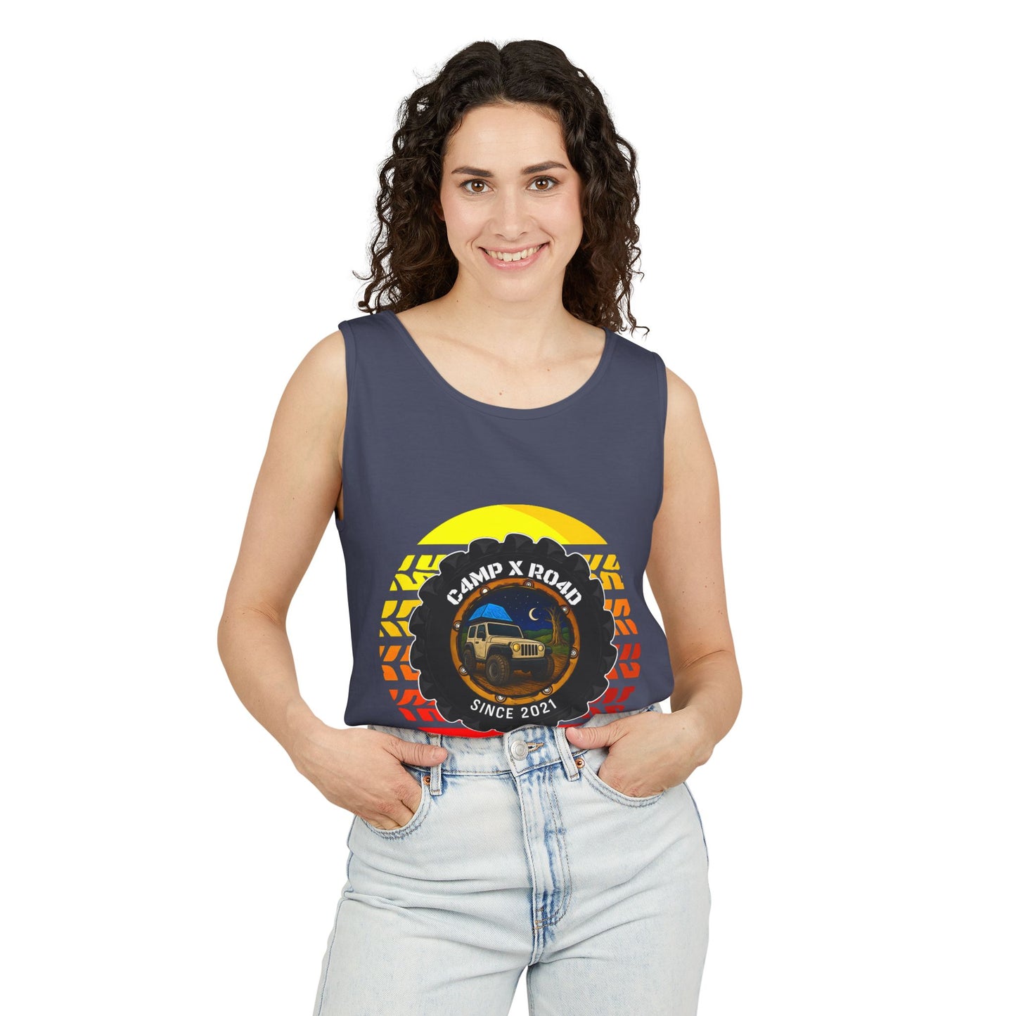 C4MPXRO4D Summer Camper Badge Tank Top | Graphic camping text tee