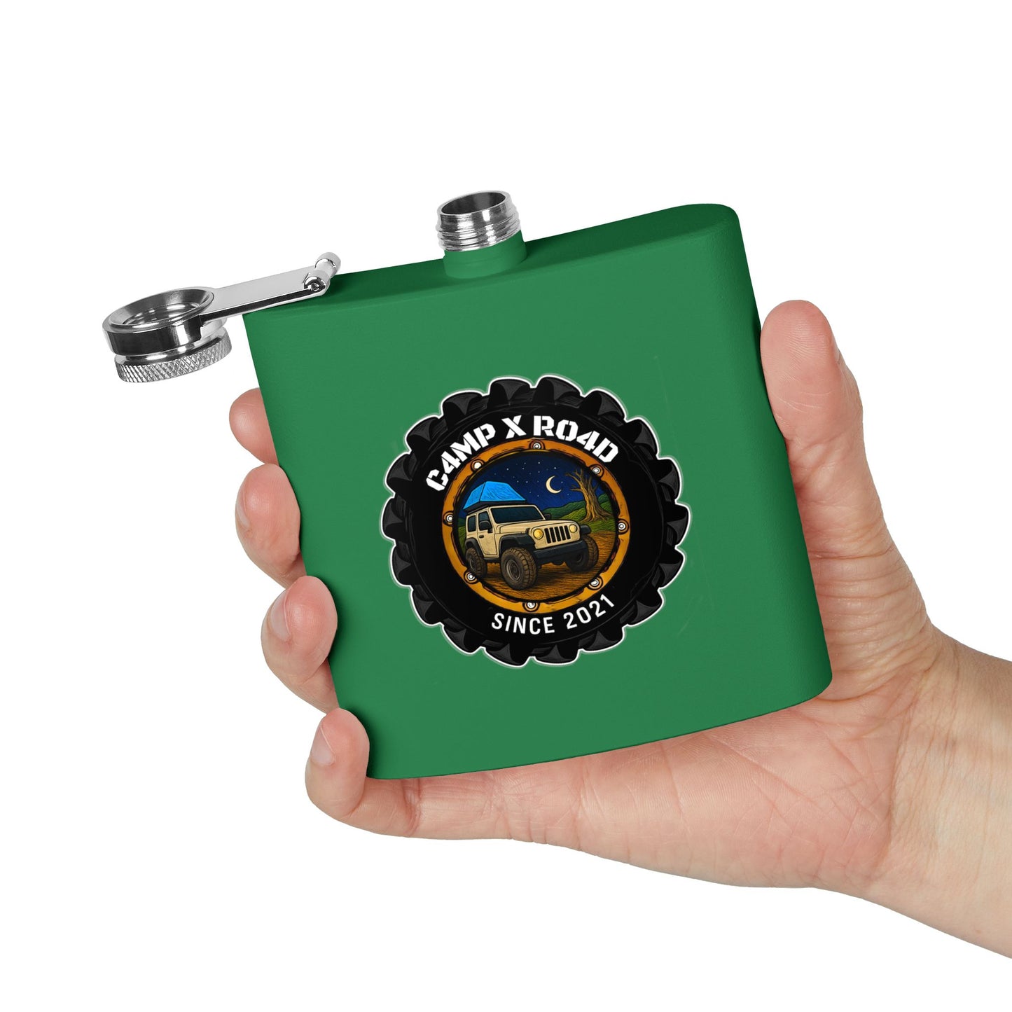 C4MPXRO4D Camper Badge Flask