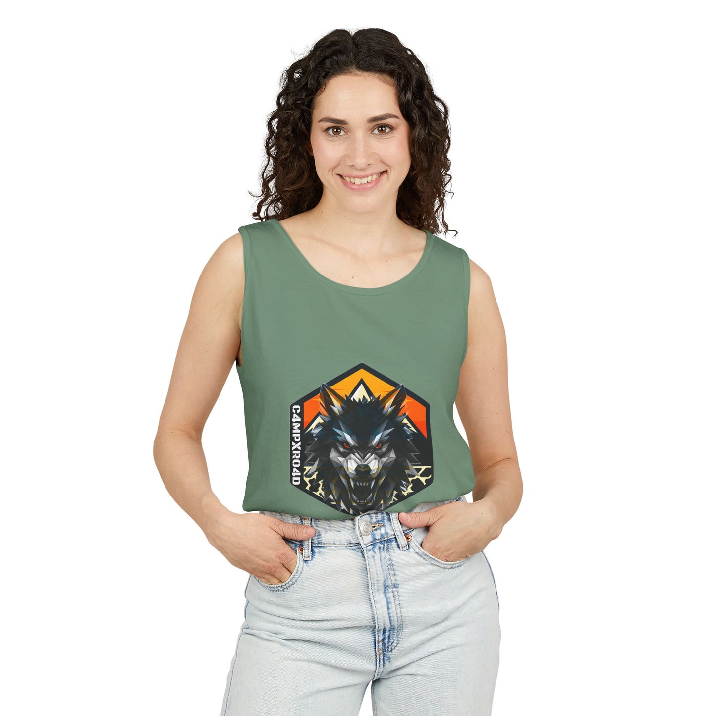C4MPXRO4D Wolf Shield Camper Badge Tank Top | Graphic camping text tee