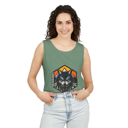 C4MPXRO4D Wolf Shield Camper Badge Tank Top | Graphic camping text tee