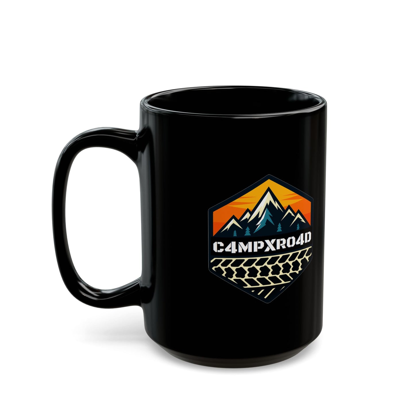 C4MPXRO4D Hexa Shield Camper Badge Mug | Black Ceramic Coffee Mug