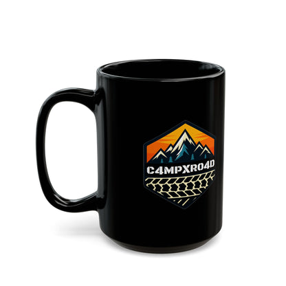 C4MPXRO4D Hexa Shield Camper Badge Mug | Black Ceramic Coffee Mug