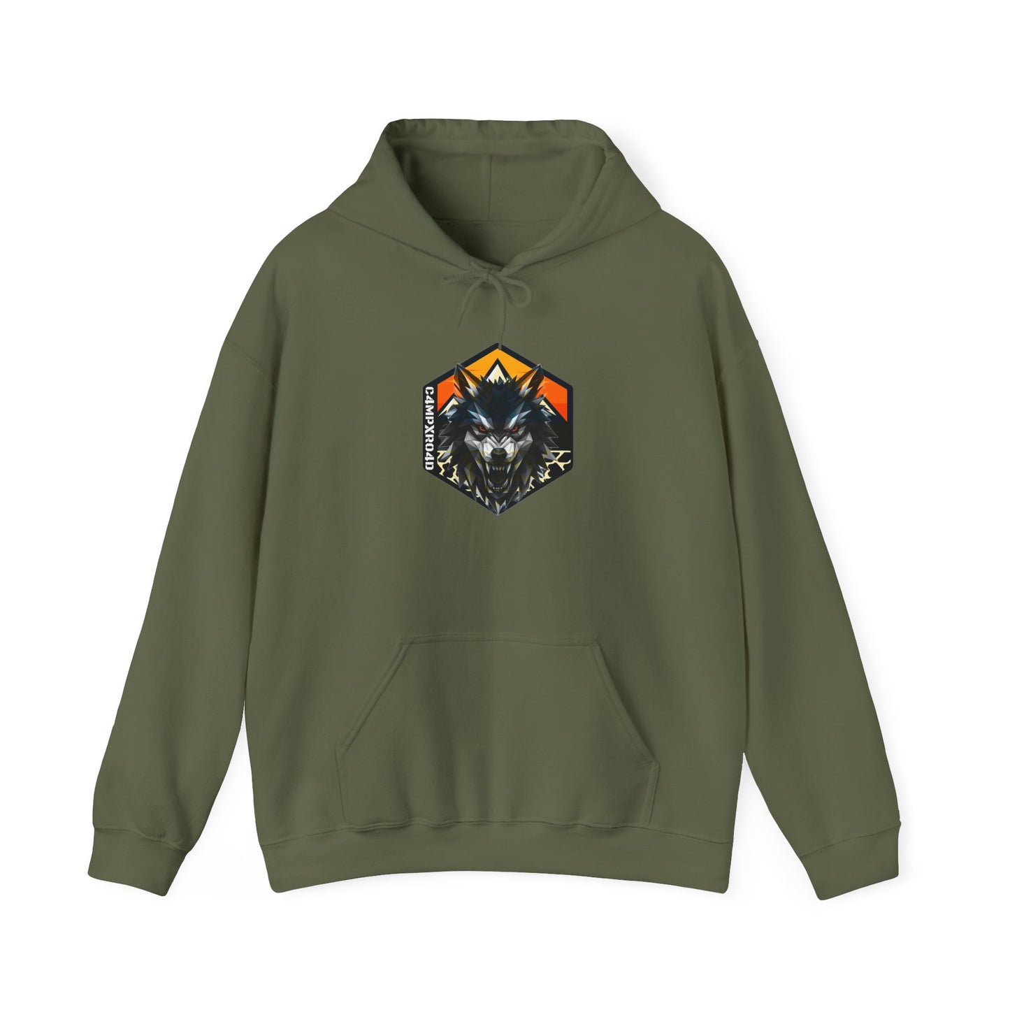 C4MPXRO4D Wolf Shield Camper Badge Hoodie | Black streetwear graphic sweatshirt