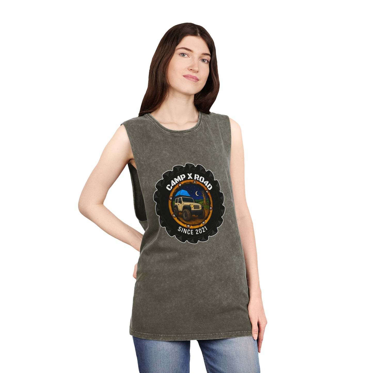 C4MPXRO4D Camper Badge Tank Top | stonewash black, retro stencil logo