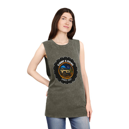 C4MPXRO4D Camper Badge Tank Top | stonewash black, retro stencil logo