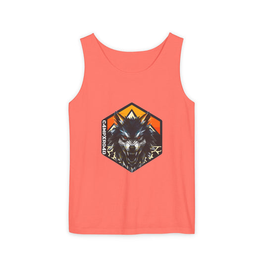 C4MPXRO4D Wolf Shield Camper Badge Tank Top | Graphic camping text tee