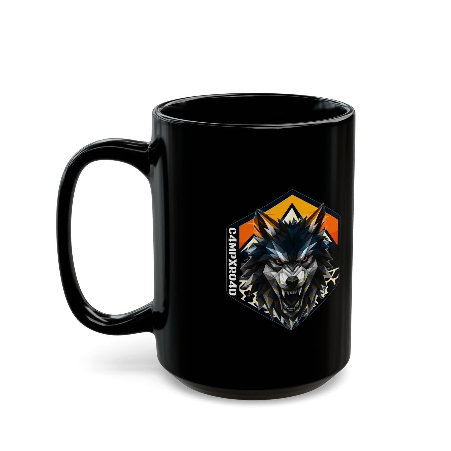 C4MPXRO4D Wolf Shield Camper Badge Mug | Black Ceramic Coffee Mug
