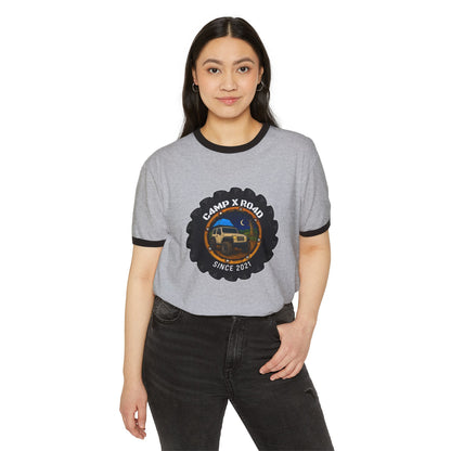 C4MPXRO4D Camper Badge T-Shirt | ringer style