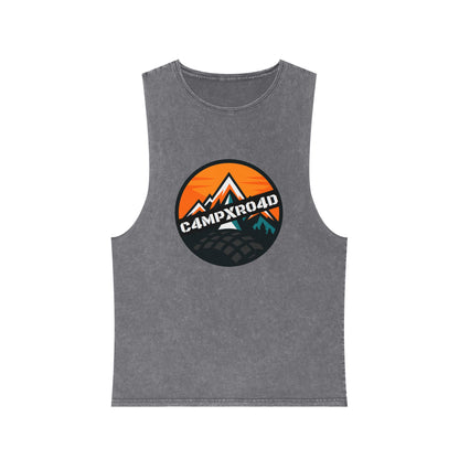 C4MPXRO4D Rounded Shield Camper Badge Tank Top | stonewash black, retro stencil logo