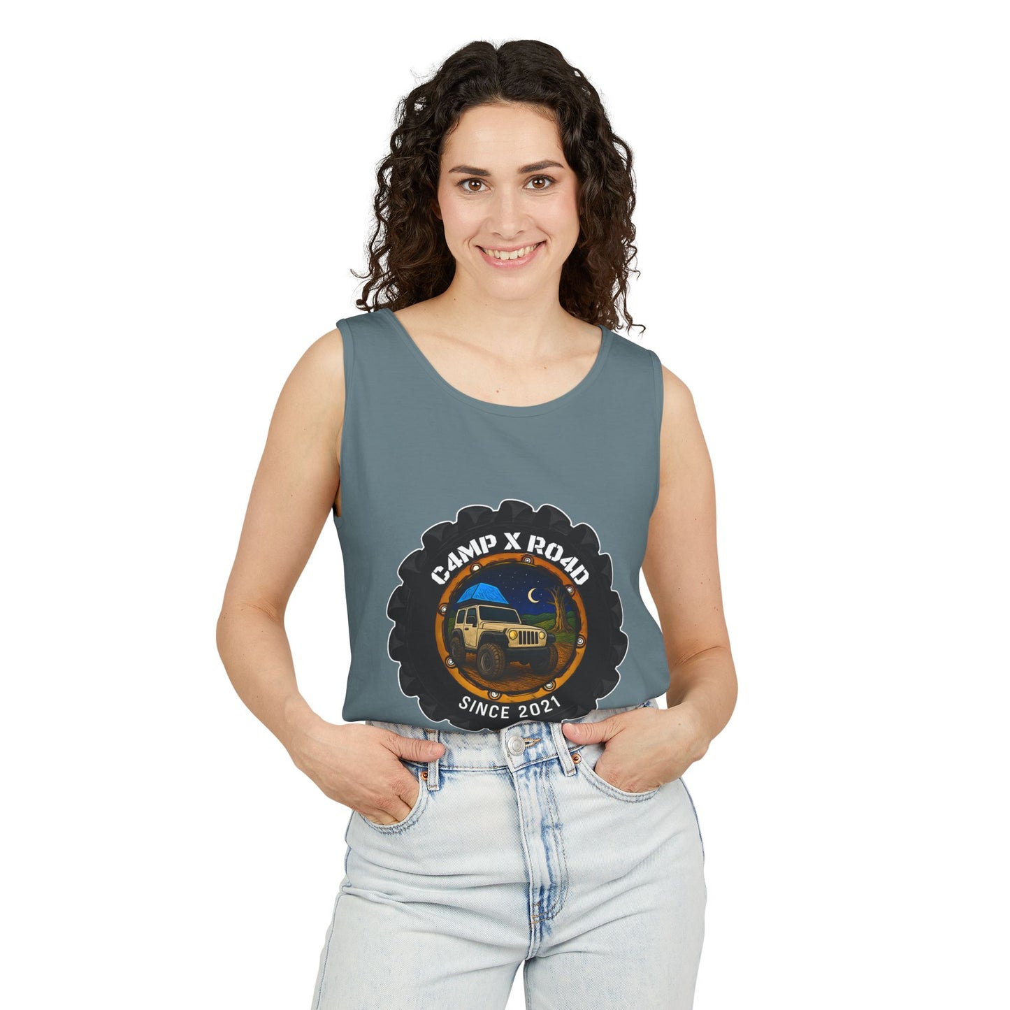 C4MPXRO4D Camper Badge Tank Top | Graphic camping text tee