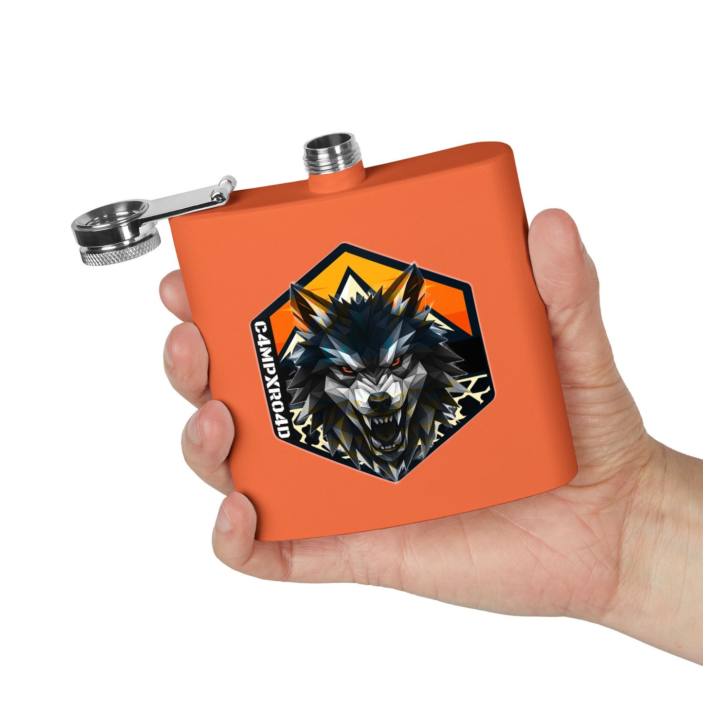 C4MPXRO4D Wolf Shield Camper Badge Flask