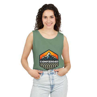 C4MPXRO4D Hexa Shield Camper Badge Tank Top | Graphic camping text tee