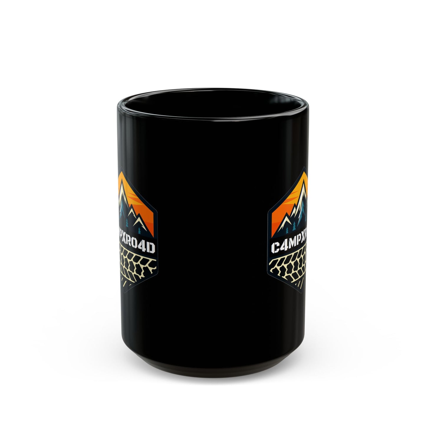 C4MPXRO4D Hexa Shield Camper Badge Mug | Black Ceramic Coffee Mug