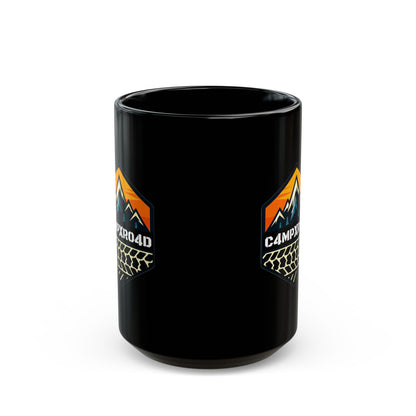 C4MPXRO4D Hexa Shield Camper Badge Mug | Black Ceramic Coffee Mug