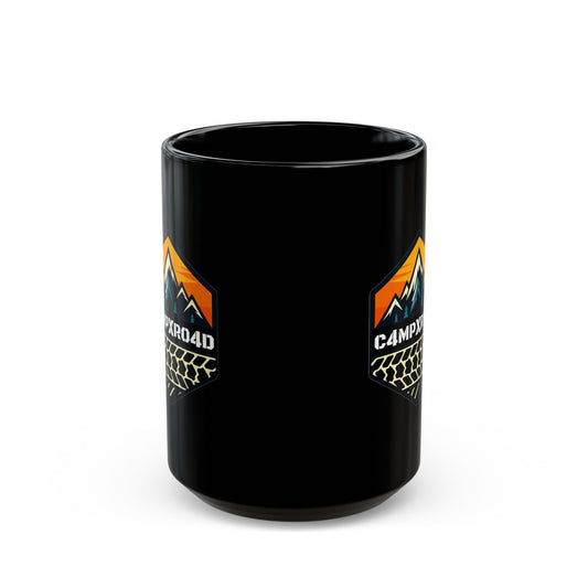 C4MPXRO4D Hexa Shield Camper Badge Mug | Black Ceramic Coffee Mug