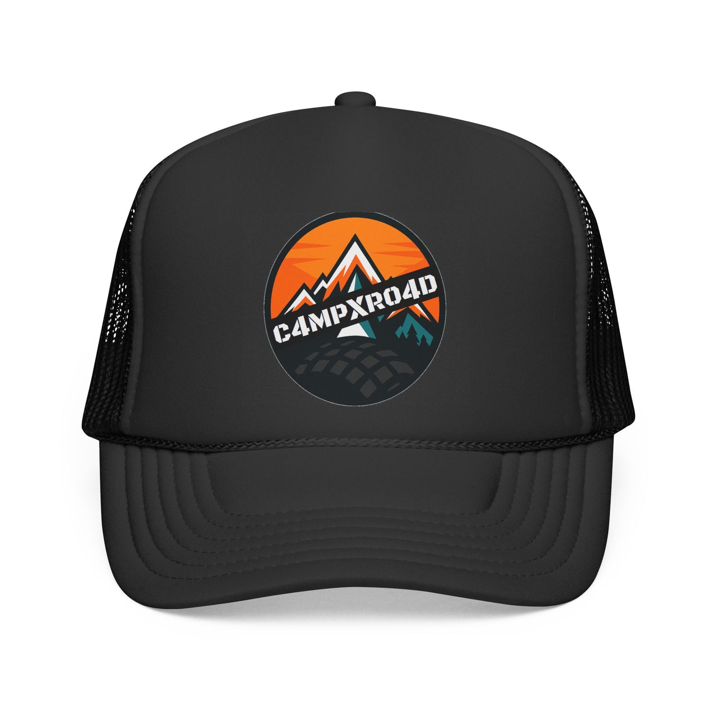 C4MPXRO4D Rounded Shield Camper Badge Trucker Cap | Adventure Mesh Hat