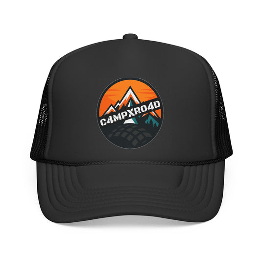 C4MPXRO4D Rounded Shield Camper Badge Trucker Cap | Adventure Mesh Hat
