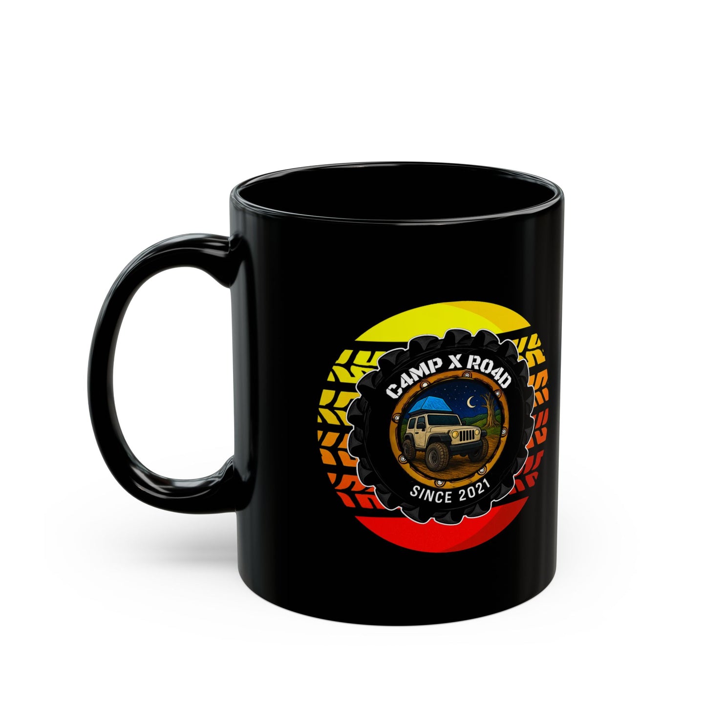 C4MPXRO4D Summer Camper Badge Mug | Black Ceramic Coffee Mug