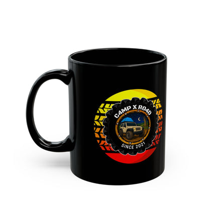 C4MPXRO4D Summer Camper Badge Mug | Black Ceramic Coffee Mug