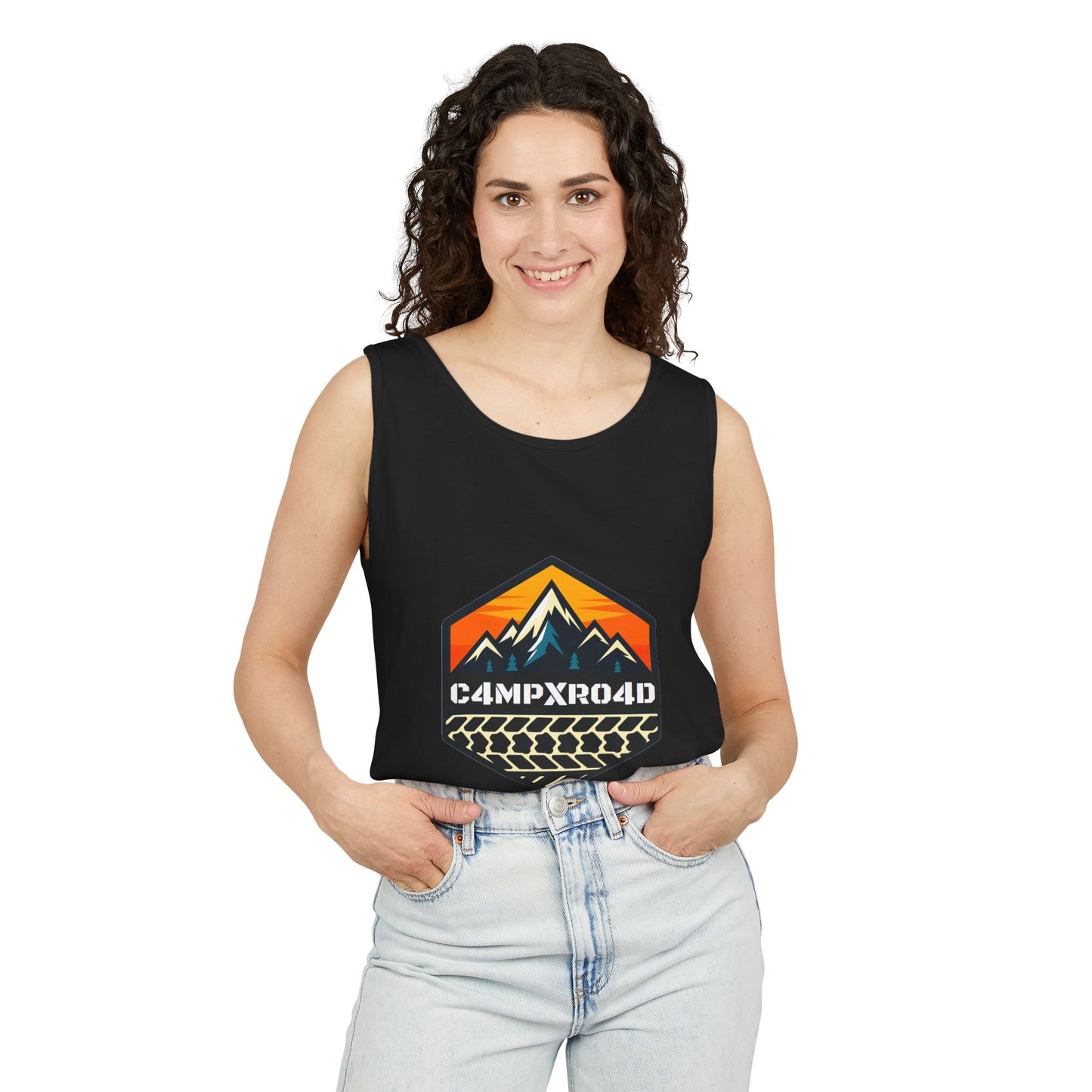 C4MPXRO4D Hexa Shield Camper Badge Tank Top | Graphic camping text tee