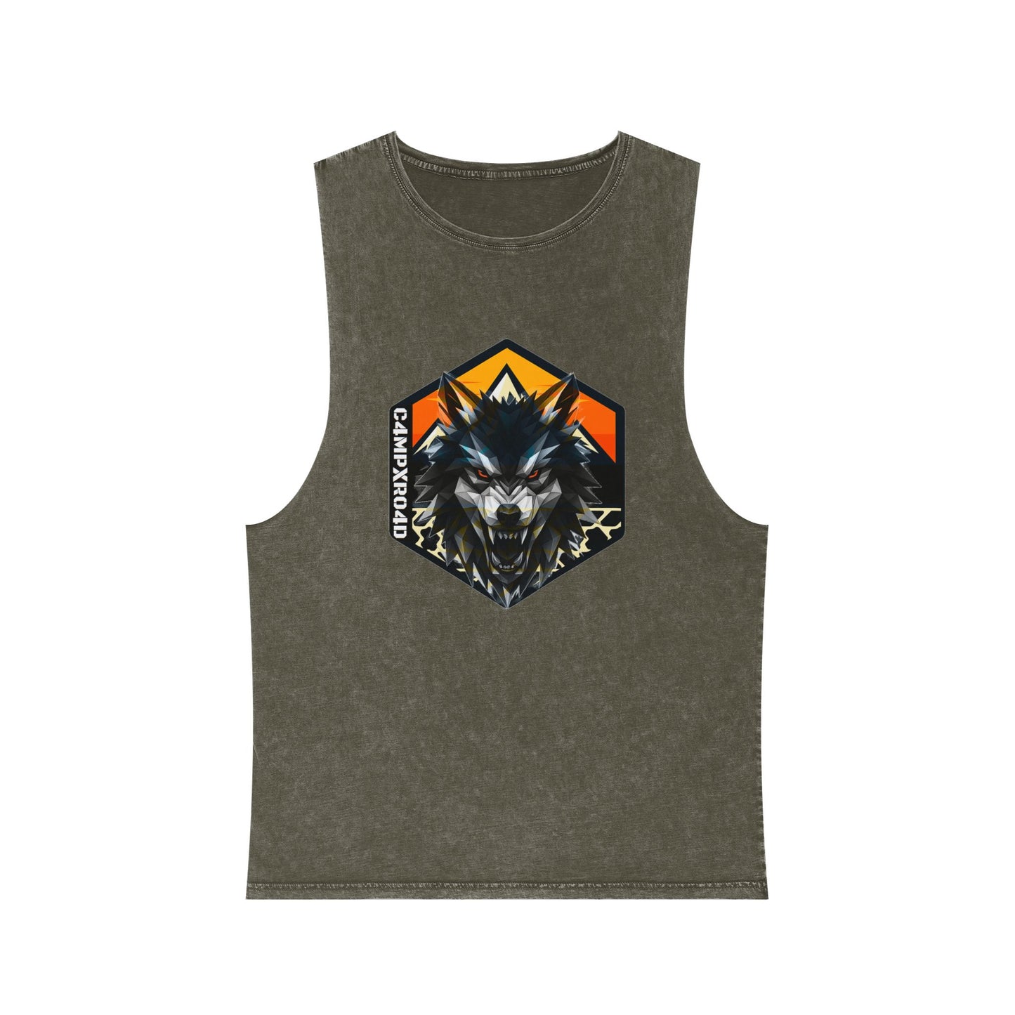 C4MPXRO4D Wolf Shield Camper Badge Tank Top | stonewash black, retro stencil logo