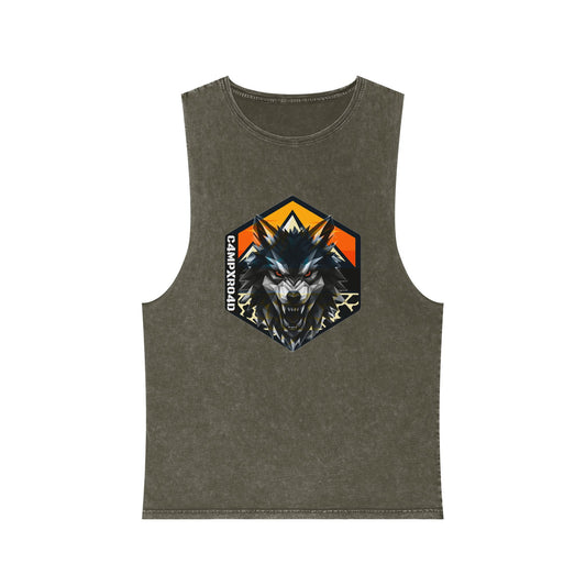 C4MPXRO4D Wolf Shield Camper Badge Tank Top | stonewash black, retro stencil logo