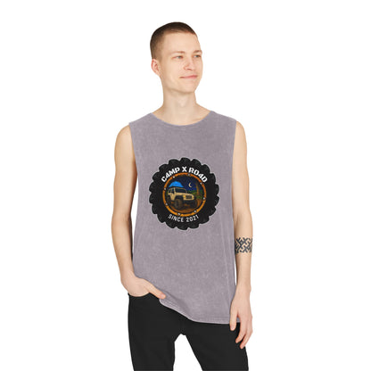C4MPXRO4D Camper Badge Tank Top | stonewash black, retro stencil logo