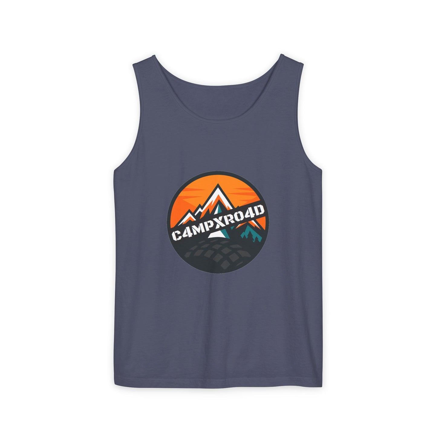 C4MPXRO4D Rounded Shield Camper Badge Tank Top | Graphic camping text tee