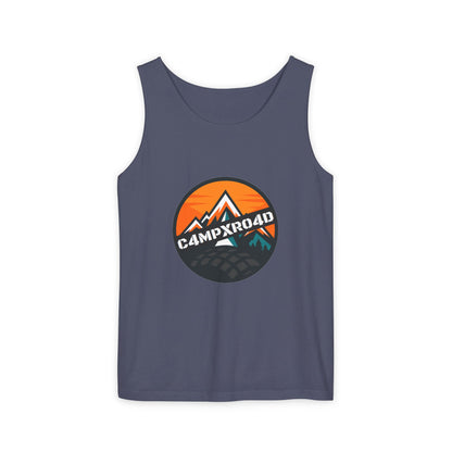C4MPXRO4D Rounded Shield Camper Badge Tank Top | Graphic camping text tee