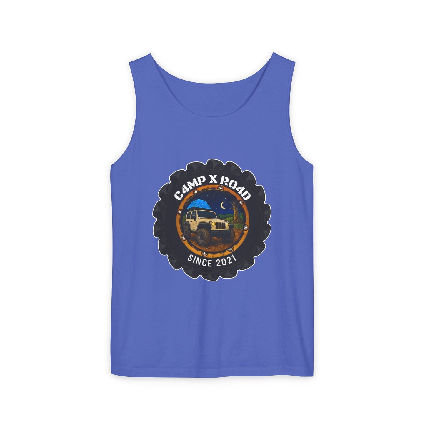 C4MPXRO4D Camper Badge Tank Top | Graphic camping text tee