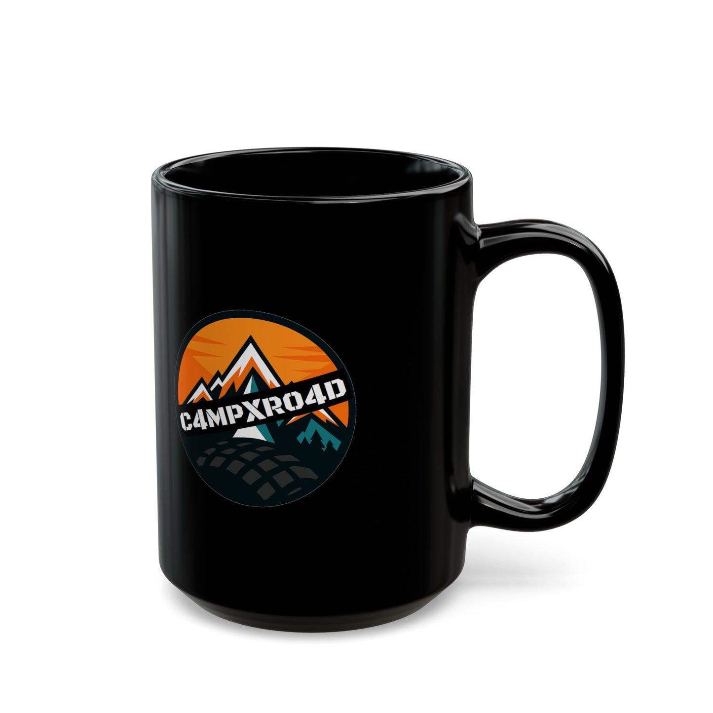 C4MPXRO4D Rounded Shield Camper Badge Mug | Black Ceramic Coffee Mug