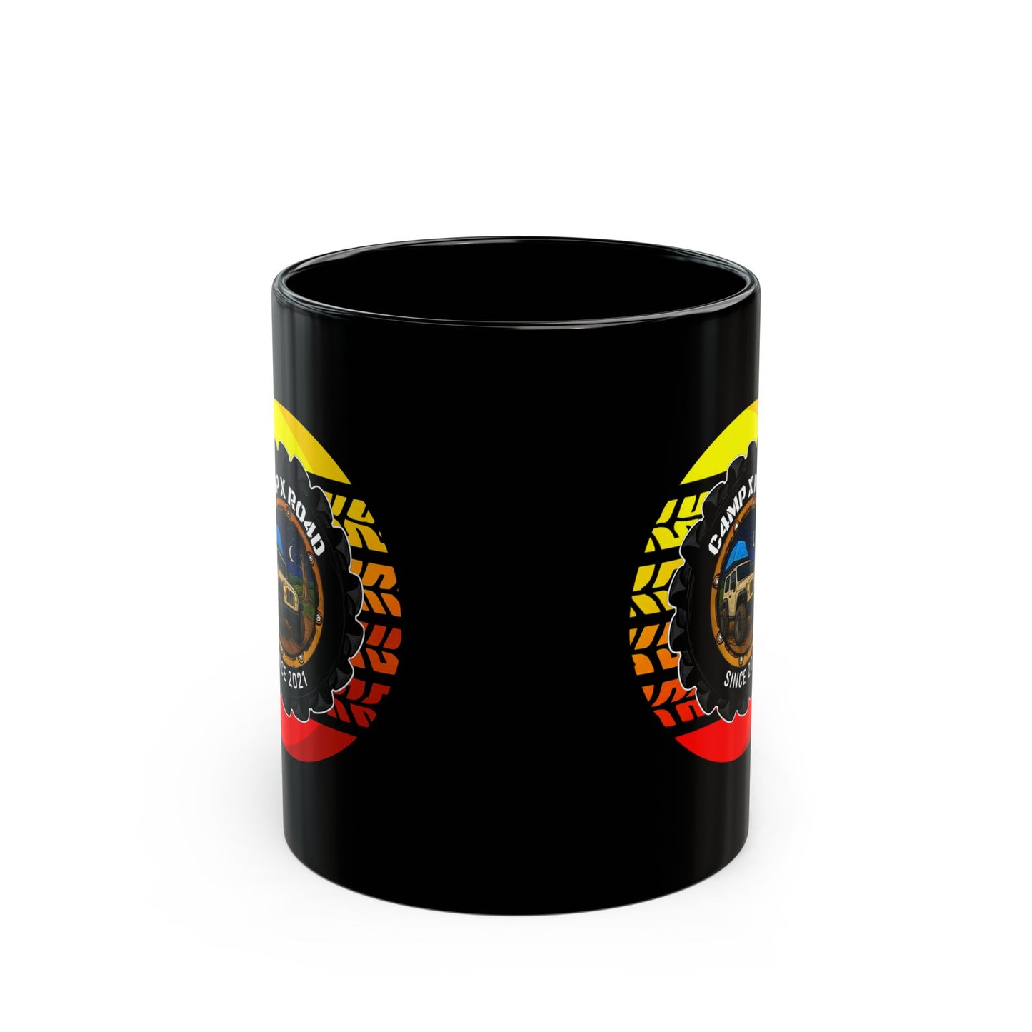 C4MPXRO4D Summer Camper Badge Mug | Black Ceramic Coffee Mug