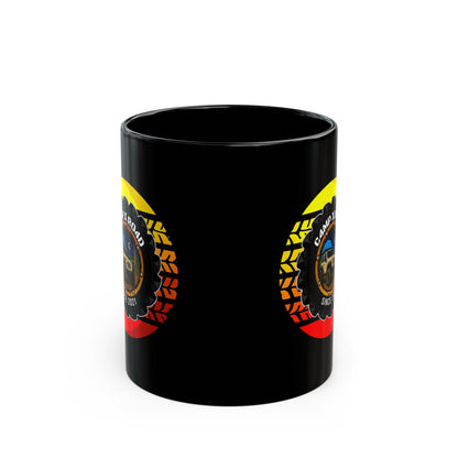 C4MPXRO4D Summer Camper Badge Mug | Black Ceramic Coffee Mug