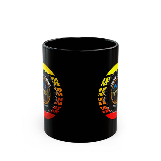 C4MPXRO4D Summer Camper Badge Mug | Black Ceramic Coffee Mug