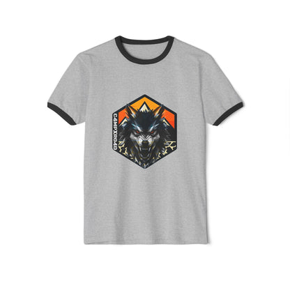 C4MPXRO4D Wolf Shield Camper Badge T-Shirt | ringer style