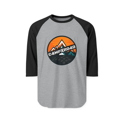 C4MPXRO4D Rounded Shield Camper Badge Raglan Shirt | Gaming Code Baseball Tee