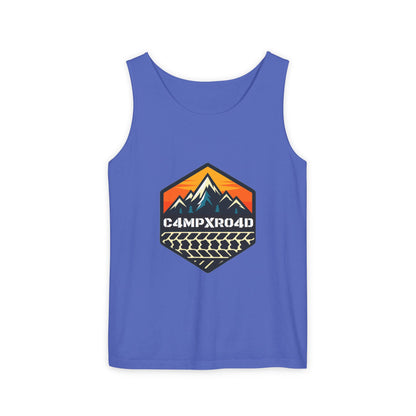 C4MPXRO4D Hexa Shield Camper Badge Tank Top | Graphic camping text tee