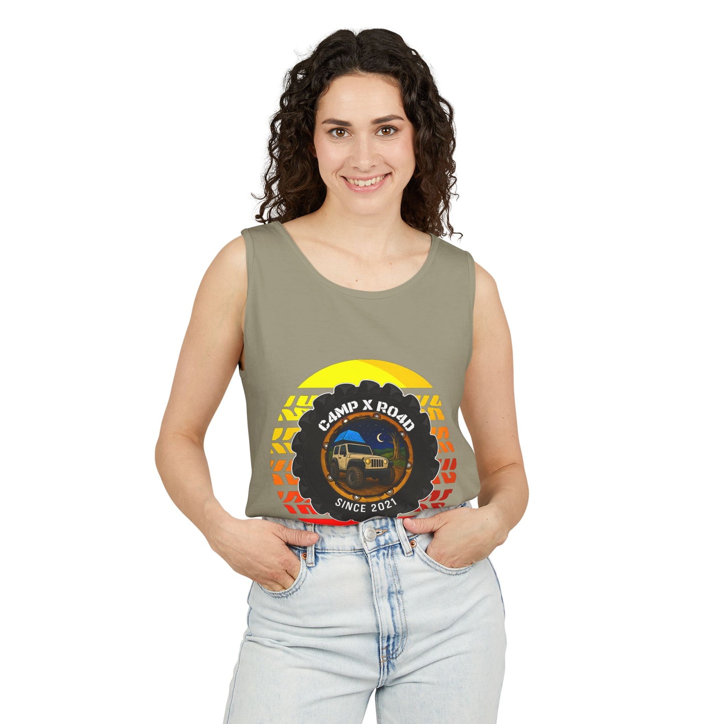 C4MPXRO4D Summer Camper Badge Tank Top | Graphic camping text tee