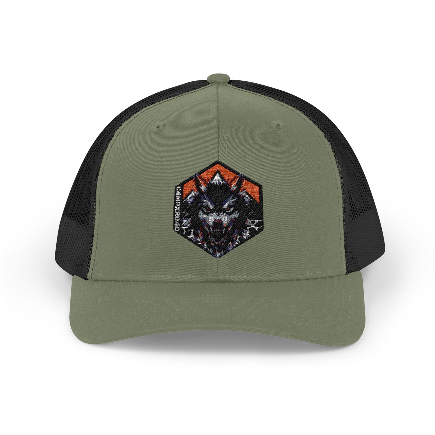 C4MPXRO4D Wolf Shield Camper Badge Cap | Trucker Snapback Mesh Hat