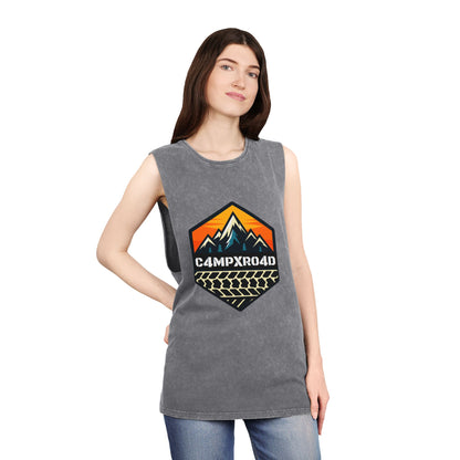 C4MPXRO4D Hexa Shield Camper Badge Tank Top | stonewash black, retro stencil logo